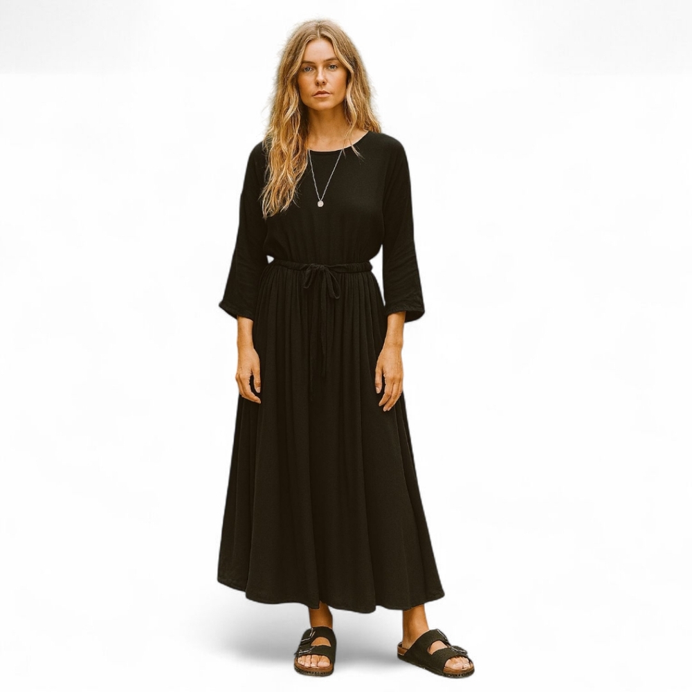 Black Crane Wool Blend Box Pleated Maxi Dress XS | Drawstring Waist Oversized - Picture 2 of 12